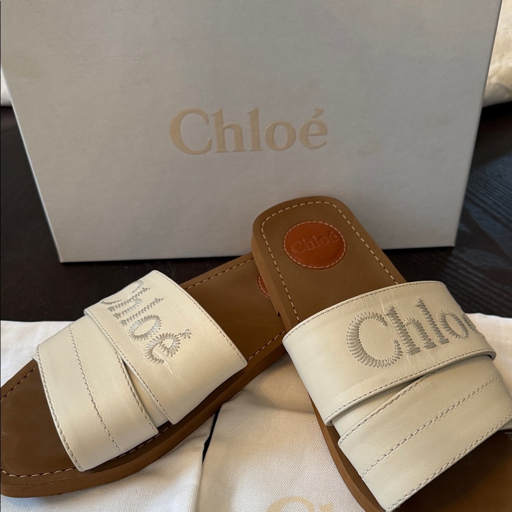 Authentic Chloé Logo Leather Slide Sandals – Size 8 – Box & Dust Bags